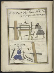 Armeros perforando el cañón de una pistola,  86 dibujos encuadernados en un volumen que representa oficios y ocupaciones en Cachemira, se muestra a los artesanos trabajando con sus implementos y equipos,  Por un artista de Cachemira, probablemente en Srina