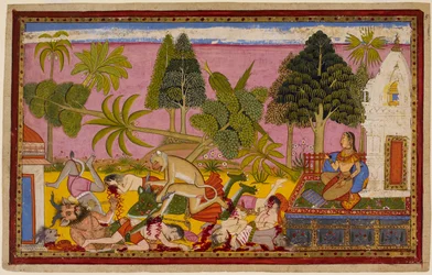 Hanumān ataca a los demonios, destruye el jardín de recreo y derrota a las fuerzas de Rāvaṇa mientras Sītā observa. 1653
