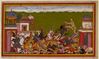 Hanumān destruye el templo, derrota a las fuerzas de Rāvaṇa y un hombre escapa a la ciudad. 1653 (miniatura)