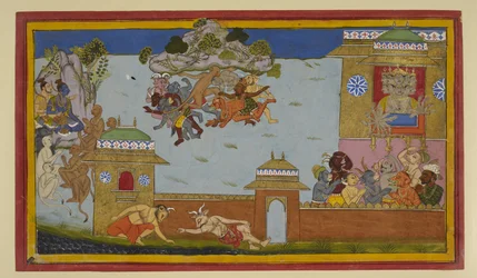 Hanumān se defiende de los demonios; Rāma y Rāvaṇa observan.