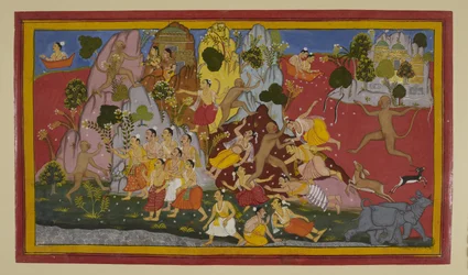 Hanumān lucha contra los gandharvas y arranca una montaña para obtener hierbas curativas.