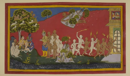 Hanumān cura a los heridos con hierbas; los monos queman Laṅkā, olvidando a Indrajit.