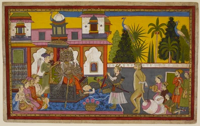 Hanumān es capturado por Rāvaṇa, humillado, pero escapa e incendia la ciudad con su cola llameante. 1653 (miniatura)