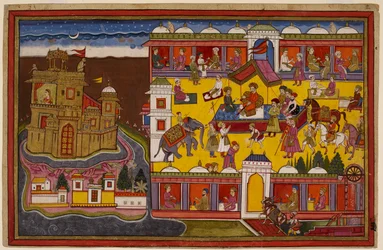 Hanumān observa la plaza principal de Laṅkā desde el tejado del bazar, y luego se desplaza a la cima del palacio dorado de Rāvaṇa.
