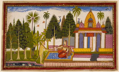 Hanumān se revela a Sītā, ofreciéndose a rescatarla, pero ella insiste en que sólo Rāma puede hacerlo, dándole una joya para Rāma. 1653 (miniatura)