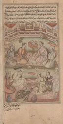 Eruditos hindúes y musulmanes traducen el Mahabharata del sánscrito al persa, ilustración del Razmnama, 1598-99
