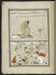 Profesor hindú con alumnos,  86 dibujos encuadernados en un volumen que representa oficios y ocupaciones en Cachemira, se muestra a los artesanos trabajando con sus implementos y equipos,  Por un artista de Cachemira, probablemente en Srinagar, c.1850-60 (