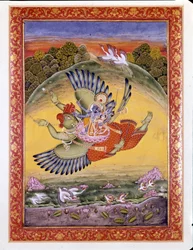 Hinduismo: representación del ave Garuda que transporta a Vishnu, una gran deidad hindú, y a su esposa Lakhmi