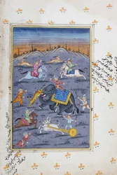 Escena de caza, pintura en miniatura de Rajastán