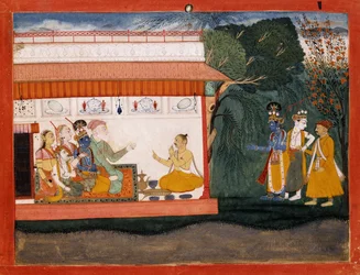 Ilustración del Bhagvata Purana que representa a Balarama tomando a Akrura de la mano con su hermano menor Krishna, c.1700