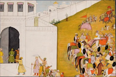 Ilustración del Ramayana: Rama entra en Mithila para realizar un concurso de tiro con arco