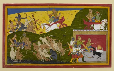 Indrajit lucha mientras Rāma llora la muerte de Sītā, consolado por Lakṣmaṇa y Vibhīṣaṇa.