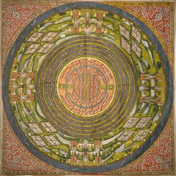 Diagrama jainista del universo (Jambudvipa) (gouache sobre tela de algodón)