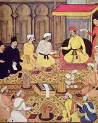 Jesuitas en la corte de un príncipe indio (gouache sobre papel)
