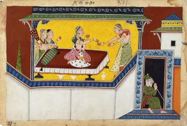Kaikeyi, la segunda reina del rey Dasaratha, recompensando a la sirvienta jorobada Manthara, c.1690-1700