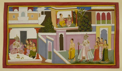 El rey Dasaratha y sus reinas dan la bienvenida a Rishyasringa y Shanta