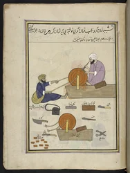 afiladores de cuchillos,  86 dibujos encuadernados en un volumen que representa oficios y ocupaciones en Cachemira, se muestra a los artesanos trabajando con sus implementos y equipos,  Por un artista de Cachemira, probablemente en Srinagar, c.1850-60 (gou