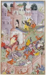 Krishna parte al demonio Narakasura con su disco