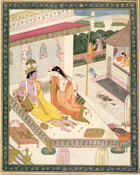 Krishna y Radha en una cama en un palacio mogol, Punjab, c.1860