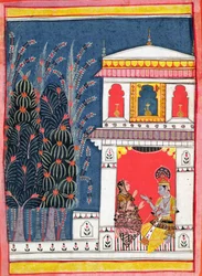 Krishna y una dama en un pabellón, c.1660