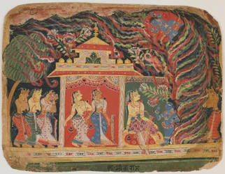 Krishna llevado por el demonio del torbellino, del Bhagavata Purana. c.1520-30