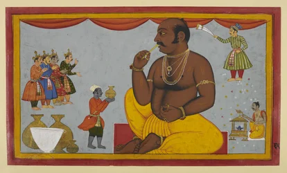 Kumbhakarṇa es despertado para luchar contra Rāma; los ministros le atienden con rituales