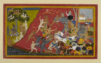 Lakṣmaṇa, Hanumān y Vibhīṣaṇa atacan a Indrajit; la noticia llega a Rāma.