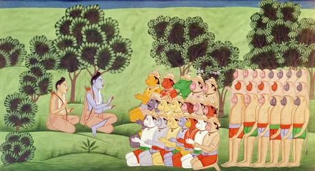 Lakshmana consulta con los jefes de los ejércitos de monos, del Ramayana