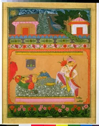 Amantes al amanecer, ilustración del modo musical Raga Vibhasa, Deccan del Norte o Rajasthan del Sur, c.1675