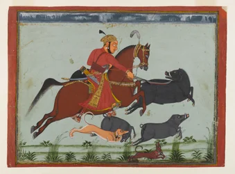 Maharajá Pratap Singh II de Mewar cazando jabalíes, c.1750-75 (acuarela, oro y plata sobre papel)