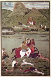 Maharana Jawan Singh (reg.1828-38) de Mewar cazando jabalíes, Udaipur