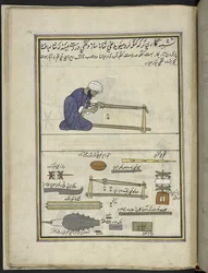 Hombre haciendo peines para telares,  86 dibujos encuadernados en un volumen que representa oficios y ocupaciones en Cachemira, se muestra a los artesanos trabajando con sus implementos y equipos,  Por un artista de Cachemira, probablemente en Srinagar, c.