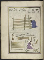 Estera y su esposa haciendo esteras de caña partida,  86 dibujos encuadernados en un volumen que representa oficios y ocupaciones en Cachemira, se muestra a los artesanos trabajando con sus implementos y equipos,  Por un artista de Cachemira, probablemente