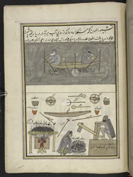 Hombres recogiendo castañas de agua; hombre y mujer asando y machacando castañas de agua,  86 dibujos encuadernados en un volumen que representa oficios y ocupaciones en Cachemira, se muestra a los artesanos trabajando con sus implementos y equipos,  Por u