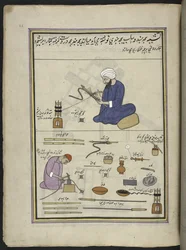 Hombres cubriendo narguiles-serpientes con hilo y alambre,  86 dibujos encuadernados en un volumen que representa oficios y ocupaciones en Cachemira, se muestra a los artesanos trabajando con sus implementos y equipos,  Por un artista de Cachemira, probabl