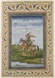 Miniatura que representa una escena de una figura alada en un caballo, probablemente escuela de Delhi, Mughal, India, principios del siglo XIX