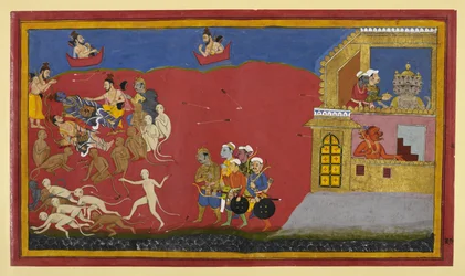 Los monos confunden a Vibhīṣaṇa con Indrajit; Nārada alaba a Nārāyaṇa mientras Rāvaṇa cena.