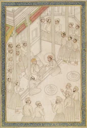 Emperador mogol Akbar celebrando corte durante su enfermedad final, mediados del siglo XVIII