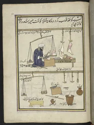 carnicero de cordero,  86 dibujos encuadernados en un volumen que representa oficios y ocupaciones en Cachemira, se muestra a los artesanos trabajando con sus implementos y equipos,  Por un artista de Cachemira, probablemente en Srinagar, c.1850-60 (gouach