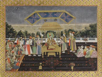 Nadir Shah en el trono del pavo real tras su derrota de Muhammad Shah, hacia 1850
