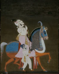 Noble de Mewar montando a Mrigarao con un asistente a pie