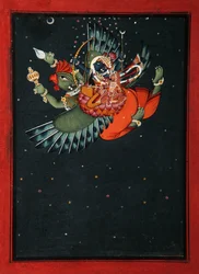 En las alas de Garuda: Krishna y Satyabhama vuelan por el cielo nocturno