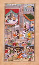 O. 12988, f.34v Astrólogos lanzando horóscopos durante las celebraciones del nacimiento de Timur (1336) por Surdas Gujarati