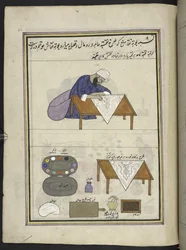 Patronista ‘(naqqash)’ preparando un diseño para un chal,  86 dibujos encuadernados en un volumen que representa oficios y ocupaciones en Cachemira, se muestra a los artesanos trabajando con sus implementos y equipos,  Por un artista de Cachemira, probable