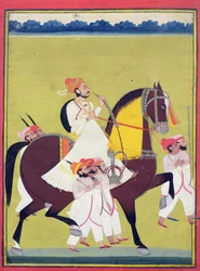 Retrato de Kumbhawat Kesari Singh de Asop, montando un caballo, fumando una pipa y acompañado por asistentes, Jodhpur, c.1810-20