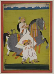 Retrato de Thakur Surtan Singh de Nimbaj, a caballo con asistentes a pie