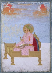 Retrato del Emperador Jahangir (1569-1627) sentado en un trono sosteniendo un sarapesh, Mughal, c.1720-40