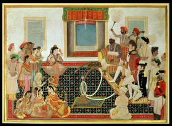 El príncipe Mahadaji Sindhia entreteniendo a un oficial del ejército británico y un oficial naval en un nautch, c.1820 (gouache en papel)
