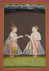 Probablemente un retrato de Rana Raj Singh de Udaipur (1661-81) ofreciendo pan a un noble
