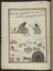 creadores de punkah,  86 dibujos encuadernados en un volumen que representa oficios y ocupaciones en Cachemira, se muestra a los artesanos trabajando con sus implementos y equipos,  Por un artista de Cachemira, probablemente en Srinagar, c.1850-60 (gouache